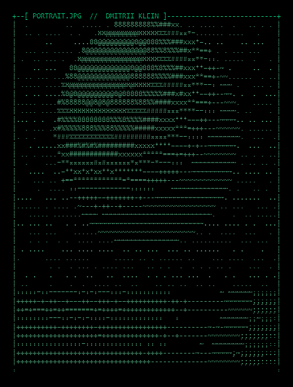ASCII-converted photograph of Dmitrii Klein, rendered in green characters on a black background.